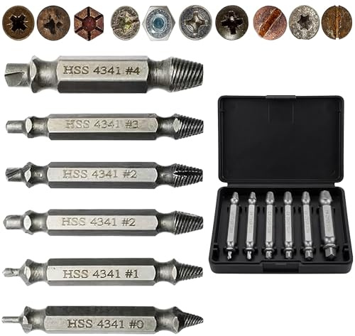Juego Extractores de Tornillos Doble Cabeza 6PCS, Extractor Tornillos Rotos HSS 4341 para Tornillos Dañados en Tuberías, Válvulas y Madera con Caja Almacenamiento