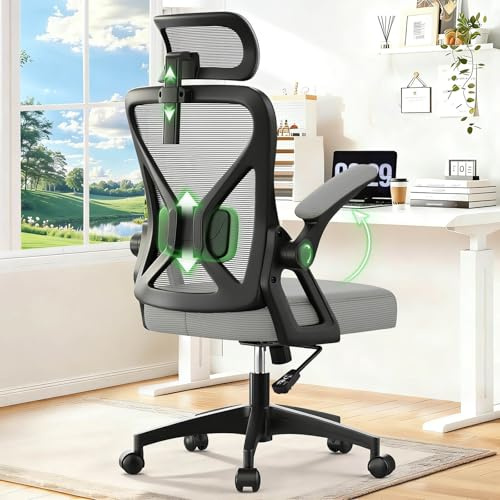 YONISEE Silla de Oficina Ergonómica con Soporte Lumbar Acolchado y Reposabrazos Abatibles. Silla de Computadora con Respaldo Alto y Reposacabezas Ajustable para Trabajar, Estudiar y Jugar