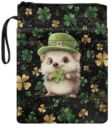 Wanyint Buchhülle, waschbar, irische Buchhüllen, Aufbewahrungstasche mit Reißverschluss und Vordertasche für Taschenbücher und Hardcover, für St. Patricks Day, 29 x 22,1 cm, Igel-Leprechaun-Hut