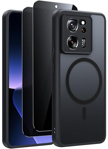 ZhuoFan Funda Magnética para Xiaomi 13T / 13T Pro 5G,Compatible con MagSafe,con 2 Piezas Protector de Pantalla Antiespia,[Protección de Cámara] Carcasa Mate Translúcida Trasera Fina Antigolpes, Negro