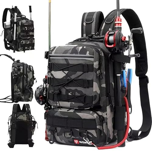 upkpvid Fishing Backpack, 45L Tackle Bag with Rod Holder & Tackle Storage, Lightweight Water-Resistant Shoulder Carryall for Anglers of Fly, Lure, Carp Fishing Styles