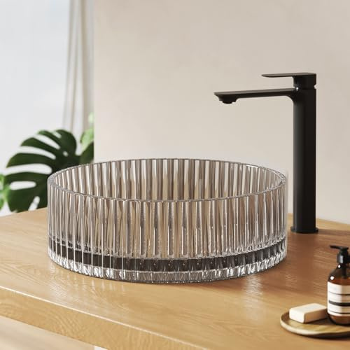 EMKE Aufsatzwaschbecken 400 x 400 x 120mm, gehärtetem Bleikristallglas Waschbecken, Waschbecken Bad, Glaswaschbecken Rund, Waschschale ohne Hahnloch,Transparentgrau