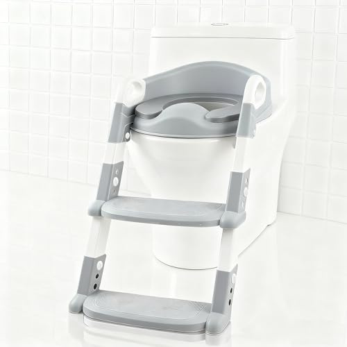 Toilettensitz Kinder mit Treppe, 3 IN 1 Faltbar Toilettensitz Kinder,PU Gepolstert, 6-fach Höhenverstellbar, Rutschfest, Toilettenaufsatz Kinder für kleine Jungen und Mädchen