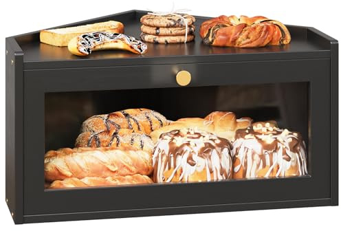 VEDECASA Eck-Brotkasten aus Bambus für die Küche Großer Brotkasten mit Acryl-Tür Platzsparende Brotaufbewahrung im Vintage-Stil für selbstgebackenes Brot, Schwarz 40x29x20cm