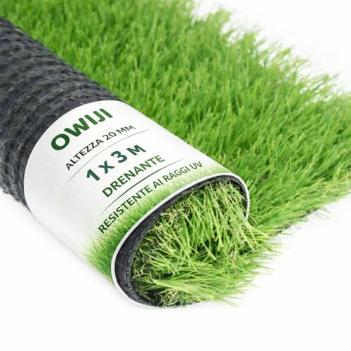OWIJI Erba Sintetica per Esterno Prato 20 mm 1 x 3 MT Tappeto Verde Alta Densità Rotolo Pavimento Giardino Artificiale Manto Sintetico Resistente Terrazzi Giardini Piscine Erbetta