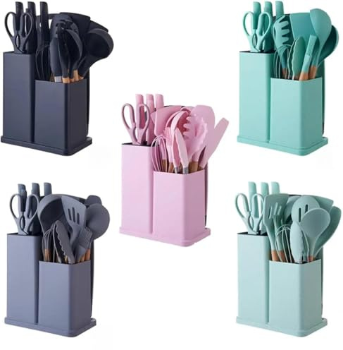 19 PCS Silicone Cooking Utensils Set with Wooden Handle, Heat-Resistant Non Stick Kitchen Utensils Set for Baking, Mixing and Serving, Essentials Kitchen Tools for New Homes and Gifts (Pink)