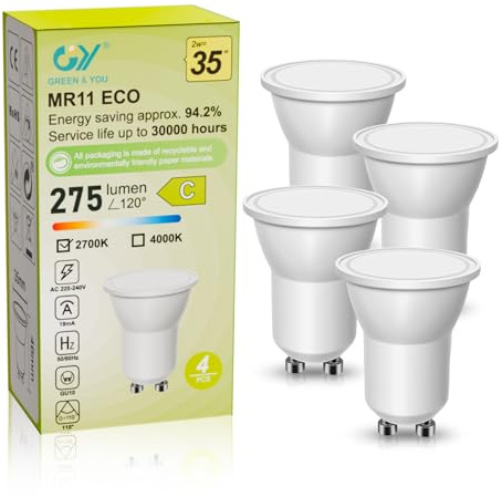 GY Classe C MR11 GU10 LED 2W (Equivalent 35W), Mini Ampoule Lampe Lave 275LM 2700K Blanc Chaud, 220V Sans Scintillement, Efficacité Energétique Réflecteur,Non-Dimmable, Lot de 4