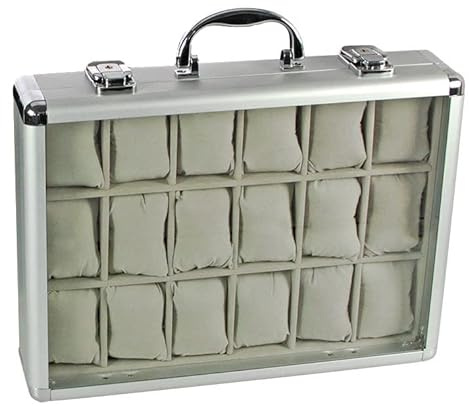 SAFE 266-2 ALU Uhrenaufbewahrungsbox Herren mit 18 Uhren-Schmuckhalter in grauem Samt - abschließbare Uhren Box mit Glasdeckel und abnehmbaren Uhrenkissen