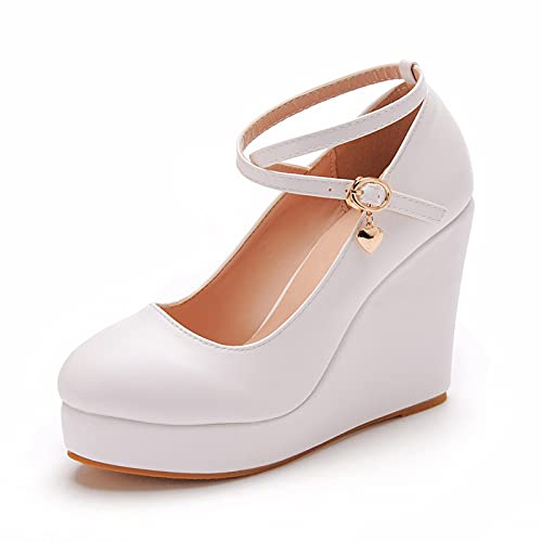 Scarpe da Sposa Classiche per Zeppe da Donna, Scarpe da Sposa con Plateau con Punta Tonda E Décolleté da Sera per Feste,Bianca,34 EU