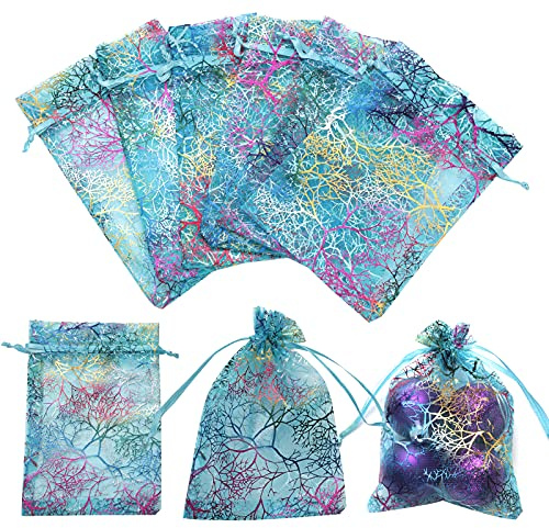 Lyaor 100 Stück Organzasäckchen 10x15cm Korallen-Muster Organzabeutel mit Zugband Hochzeit Säckchen Geschenkbeutel Schmuckbeutel Süßigkeiten/Schokolade Taschen für Party Hochzeit Weihnachten - Blau
