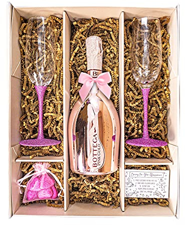 Bottega Pink Gold Rosé Prosecco DOC 75cl Sparkling Wine Gift Set with Pair of Pink Champagne Flutes, Chocolates and Gift Box - Birthday Prosecco Gifts For Her (Rosé Pink Stems)