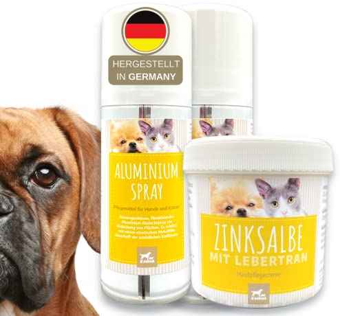 Erste Hilfe Set Hund & Katze – Silberspray + Lebertran-Zinksalbe I Wundspray & Wundschutz für Tiere I Zinksalbe gegen Juckreiz wunde Haut & kleine Verletzungen I Pfotenschutz & Hautpflege 2×0,1L 0,25L