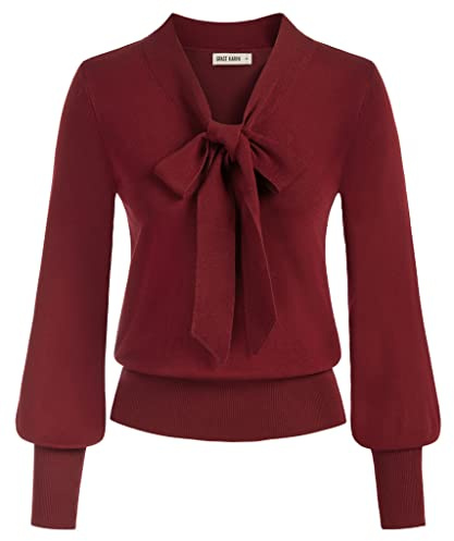 GRACE KARIN Long Sleeve Knitted Tops for Women Autumn Casual Daily Going Out Lightweight Sweater Elastic Wine Red L