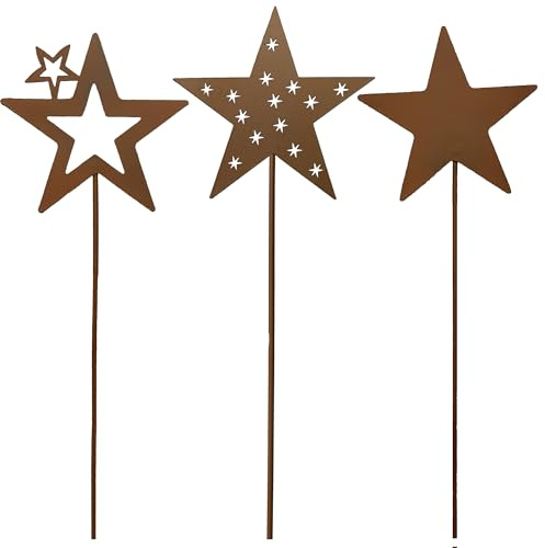 KRONLY 3 Stück Gartenstecker Sterne Roststecker Metall Weihnachten wetterfest Gartendeko Outdoor