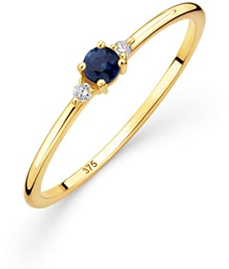 Orovi Damen Goldschmuck, Gold Ring mit Saphir/Amethyst/Rubin/Smaragd/Topas und 2 Diamanten 0.03 ct, Trilogie Ring, Verlobungsring, Edelstein, Gelbgold 9 Karat (375)