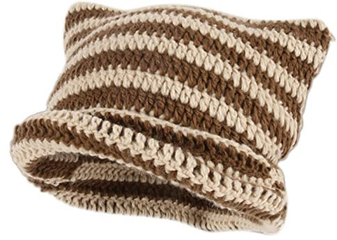 Damen Winter Katzenohren Hüte Strickmütze Weiche Slouchy Gestreifte Strickmütze Trendige Warme Gehäkelte Geflochtene Strickmützen Häkelmütze Katze Hut Vintage Mütze Geflochten (03-Coffee, One Size)