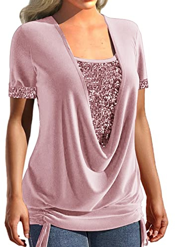 Tunika Damen Elegant Pailletten Oberteil Festliche Bluse 3/4 Arm Tunika Lässig Rundhals Glitzer Oberteile Langarmshirt