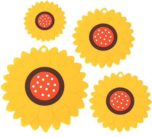 4pcs Silicone Trivet, Silicone Table Mat, Sunflower Heat Resistant Non-Slip Pot Holders Mat Thick Hot Pot Pads Coasters Kitchen Mat for Kitchen Cooking Dining Microwave Pans Dishes, Yellow