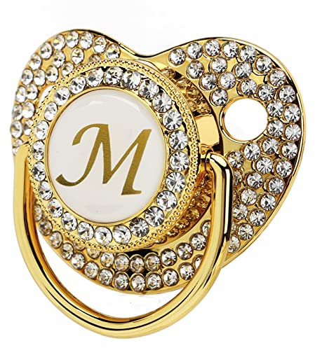 Goldener Baby-Schnuller, Personalisiertes Schnuller Schnullerclip, Schnuller mit 26 Buchstaben von A Bis Z Staubschutz für Neugeborene, Silikon-Säuglingsnippel, für 6 Bis 18 Monate (Buchstabe M)