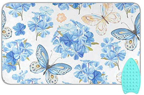 ElliTarr Blue Floral Butterfly Ironing Mat Portable Ironing Pad Blanket with Silicone Iron Rest for Table Top Travel Heat Resistant Double-Side Using Large 47x28 Inch Foldable