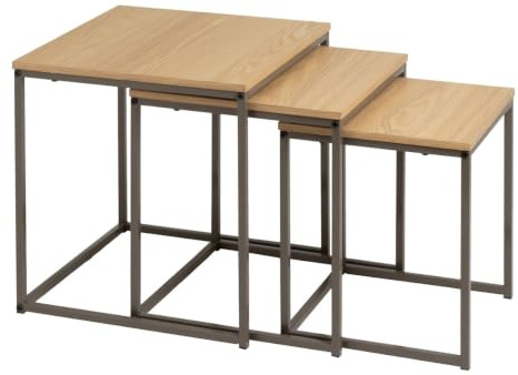 LOLAhome - Set de 3 Mesas Nido Cuadradas de Madera y Metal Color Moka Efecto Madera Natural – Mesitas Auxiliares Apilables para Salón, Comedor, Sofá o Sala de Espera