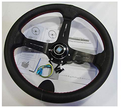 MOEENS Volante Sportivo Auto,Volante A Calice Ruota in Alluminio scaffale (350 Millimetri) del Volante in Pelle Linea Rossa Volante Luce Profonda Che corre Il Volante 14 '' Decorazione