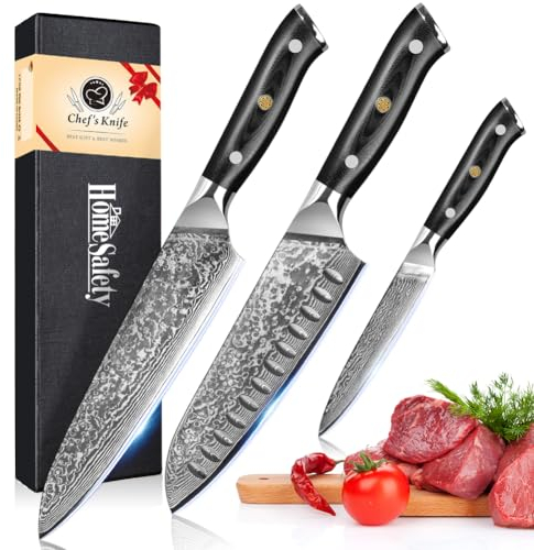 Home Safety 3 Pièces Ensembles de Couteaux Cuisine, Set Couteau Cuisine Damas, 67 Couche Acier Couteaux Japonais - Couteau de Chef 20CM, Couteau Santoku 17,5CM, 12,5CM Couteau Universel