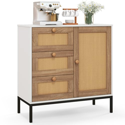 COSTWAY Sideboard Rattan, Kommode mit 1 Tür und 3 Schubladen, Küchenschrank 80 x 35 x 80,5 cm, Wohnzimmerschrank Buffetschrank Kücheninsel für Küche, Wohnzimmer, Esszimmer (1)