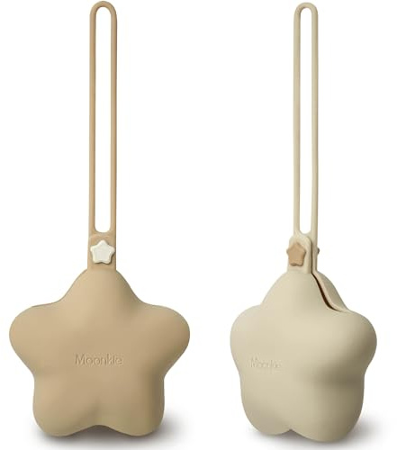 Moonkie Schnullerbox Silikon, 2 Pack Box Dummy, Schnullerbox für Unterwegs Sterndesign, Dummy Boxen BPA-frei, Schnuller-aufbewahrung, Sicheres Baby Zubehör(Hellkaffee/Sandgelb)