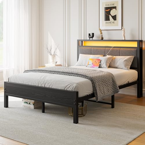 FOUBAM Bett 120x200 cm,Bettrahmen mit Stauraum Doppelbett, Schwarz | Polsterbett mit Ladestation, Robustes Metallbett mit Kopfteil aus Stoff,Gästebett Doppelbett/Einzelbett Bettrahmen