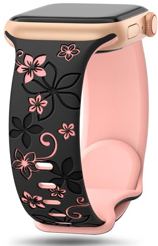Floral Engraved Strap Compatible with Apple Watch Straps 38mm 40mm 41mm 42mm 44mm 45mm 46mm 49mm for Women,Cute Flower Band Soft Silicone Sport Strap for iWatch Series 11 10 9 8 7 6 5 4 3 2 1 SE Ultra