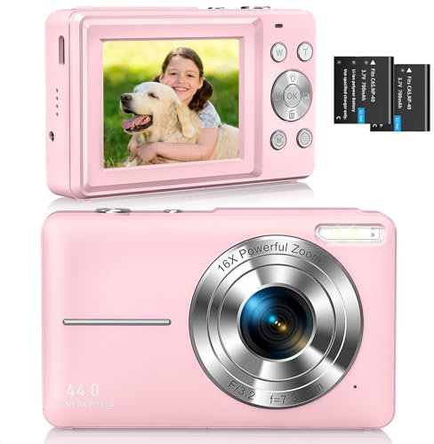 CAMKORY Digitalkamera Fotokamera FHD 1080P 44MP Kompaktkamera 16X Digitalzoom Fotoapparat Digitalkamera Klein Einfache Bedienung Selfie mit 2 Akku für Kinder Anfänger Mädchen