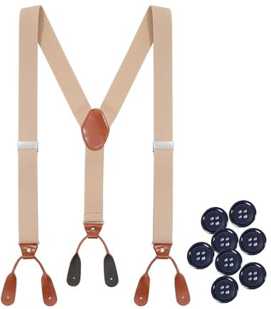 Kajeer Herren Hosenträger zum Knöpfen-Einstellbare Men Suspenders 3,5 cm Breit Y-Form Braun Kunstleder für Hochzeit Business