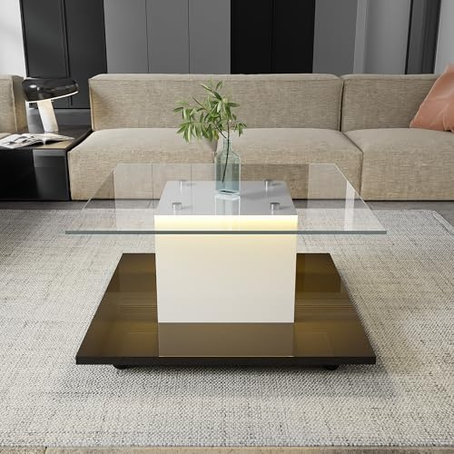 BTM Table Basse en Verre, Table Basse Carrée avec LED Réglable, Table d’appoint Moderne, Charge de 50kg, 80x80x40cm, Noir et Blanc
