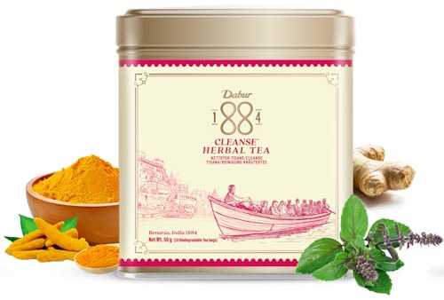 Dabur 1884 Cleanse Herbal Tea | 20 Biodegradable Tea Bags (50g) | 100% Natural Ingredients | Recyclable Aluminium Tin | Detoxification, Stress Relief | Perfect for Gifting