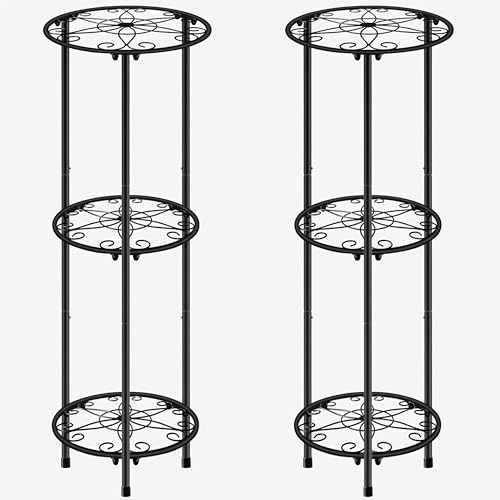 CASIMR Pflanzenständer für drinnen und draußen, Metall, rostfrei, Blumenregal, 3 Etagen, 82 cm, hoch, mehrere Blumentopfhalter für Garten, Terrasse, Wohnzimmer, Ecke, Balkon, 2 Stück, Schwarz