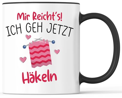 Tasse mit Spruch Mir reichts - Ich geh Häkeln Becher Hobby Stricken Nähen - lustiges Geschenk - Kaffeebecher als Geschenkidee - Kaffeetasse 330ml - Weiss-Schwarz