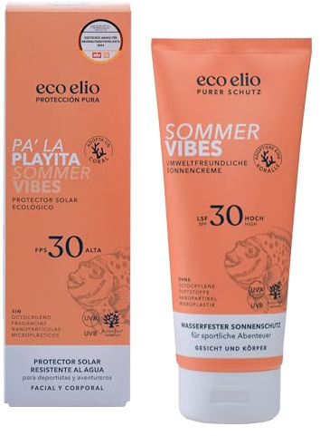 eco elio Pa’ La Playita Crema Solar SPF 30 Facial y Corporal, Resistente Agua, Natural, Sin Microplásticos, Cosmética Eco para Cara y Cuerpo, Ideal Playa, Deporte Diario, Formato Familiar 200ml