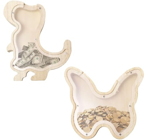 Bofanze 2 Pz Salvadanaio in Legno,Forma Animale,salvadanaio in Legno Trasparente Barattolo di Monete per Bambini Staccabile Porcellino per i Regali di Compleanno e la Decorazione D'interni