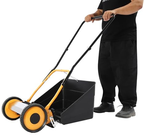 Tondeuse à gazon manuelle, tondeuse hélicoïdale avec largeur de coupe de 35 cm, broche de coupe à roulement à billes avec 4 lames en acier de qualité supérieure, hauteur de coupe réglable de 12 à 42