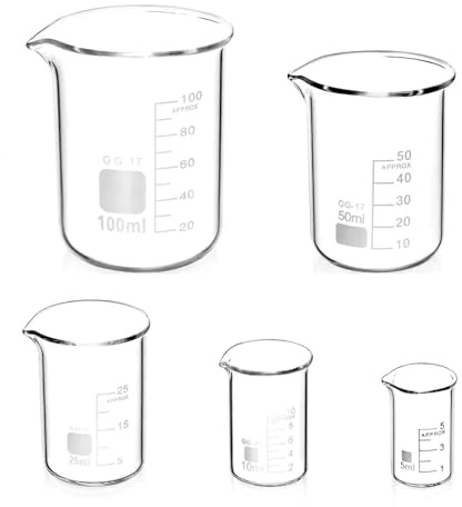 Lot de 5 verres doseurs gradués - 5 ml, 10 ml, 25 ml, 50 ml, 100 ml - Pour tasses doseuses de laboratoire et cuisine
