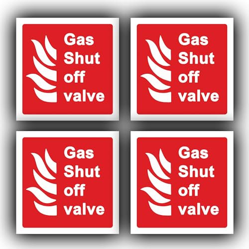 4 Pack - Gas Shut Off Valve Marker Sticker - 100mm x 100mm - Gas Safety Label Decals