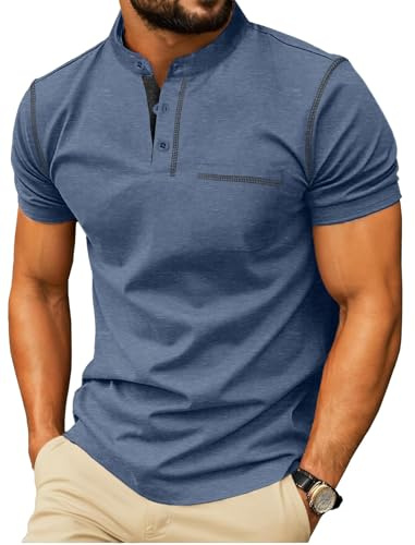 PrinStory Henley Shirt Herren Kurzarm Sommer T-Shirts Henley-Ausschnitt Oberteile Mit Brusttaschen