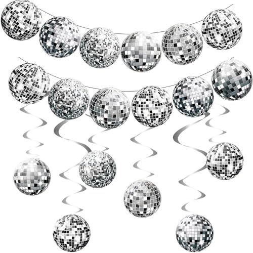Sdhgerh 24 Stück Discokugel Deko 12 Disco Kugel Hängende Spiralen und 12 Girlande Banner Discokugeln Silber Disco Luftschlangen Party Deko für 70er 80er 90er Jahre Thema Partydeko Geburtstagsdeko