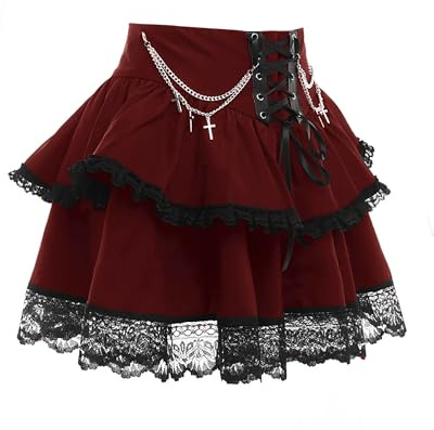 YINGWIN Jupe Gothique de Rue Sexy Bandage à Volants à Étages Femme Taille Haute Unie avec Nœud en Croix A-Line Mini Jupe Plissé, rouge uni, S