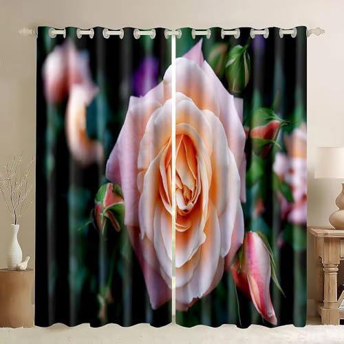 SJSXWQN Curtains Pink Rose Eyelet Blackout Blind Thermal Insulated Curtains for Bedroom, Noise Reduce Window Drapes for Living Room, Kitchen, Nursery, Office - (2 Panels, W66 x L72)