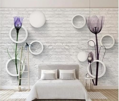 XLMING Mur De Briques Blanches Fleur Ronde Violette 3D Papier Peint Intissé Salle à Manger Bureau D'étude Canapé Chambre Salon TV Mur-430cm×300cm
