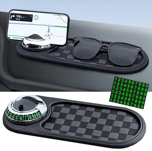 AUNGKWANG Multifunction Car Anti-Slip Mat Auto Universale Phone Holder, con Supporto Girevole a 360° e Targa Temporanea per Parcheggio, Tappetino Antiscivolo Auto per Cellulare, Chiavi