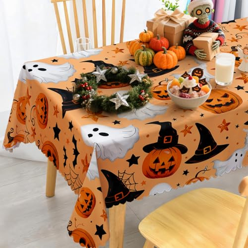 iEvery Halloween Table Cloth Wipe Clean, Wipeable Pumpkin Ghost Skull Tablecloth Rectangular, Halloween Decorations Outdoor Table Cover Polyester Waterproof for Kitchen Party 110x140cm