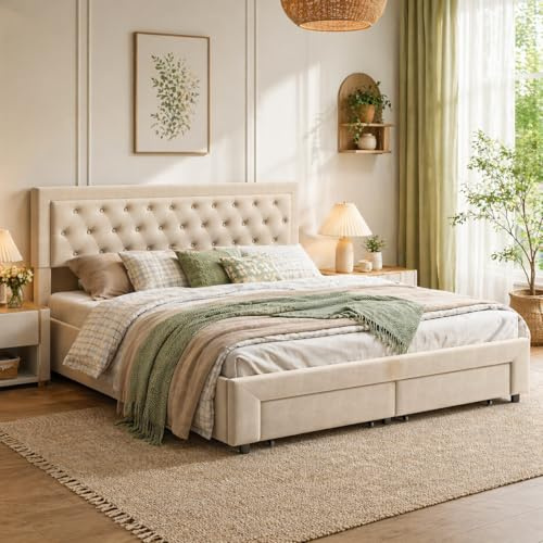 BRILVERDE Letto imbottito 160x200 con Contenitore 2 Cassetto, Letto matrimoniale con testiera, Struttura letto con rete a doghe, Velluto (Beige, 160 x 200 cm)